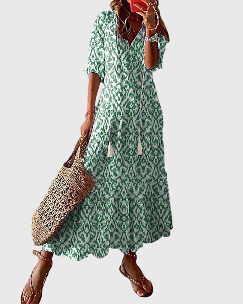 Da Donna Abito Maxi Boho con Stampa e Nappine