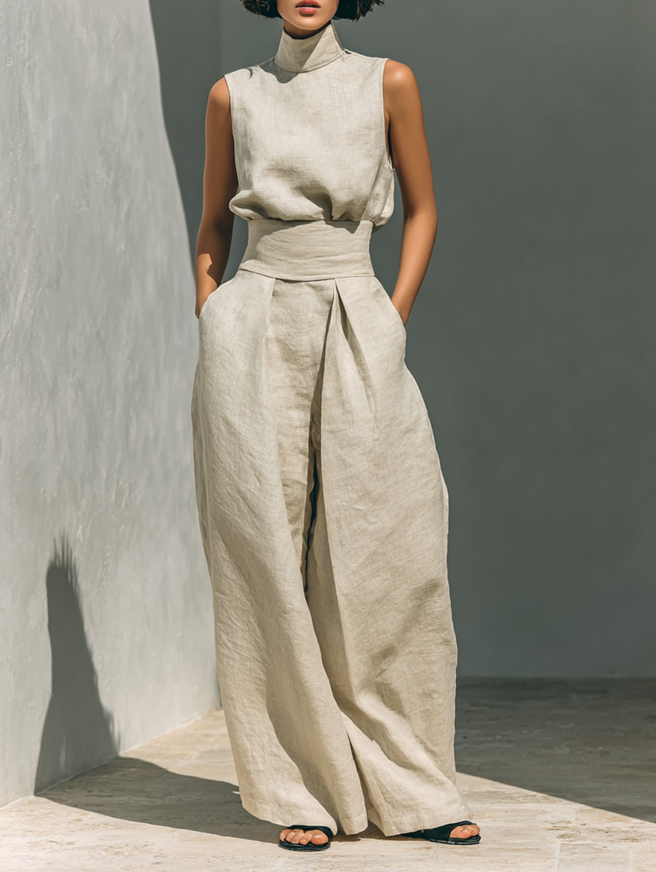 Da Donna Completo Due Pezzi con Top Senza Maniche e Pantaloni Palazzo