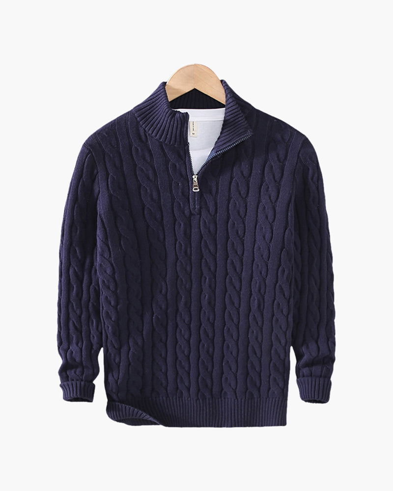 Da Uomo Maglione Tricot con Collo Alto Zip e Lavorazione Intrecciata