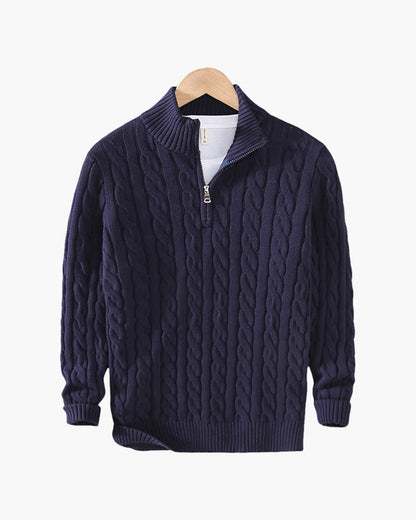 Da Uomo Maglione Tricot con Collo Alto Zip e Lavorazione Intrecciata