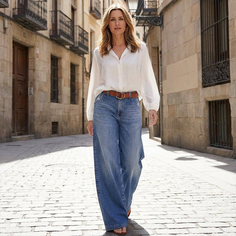 Da Donna Jeans in Denim a Vita Alta con Gamba Larga