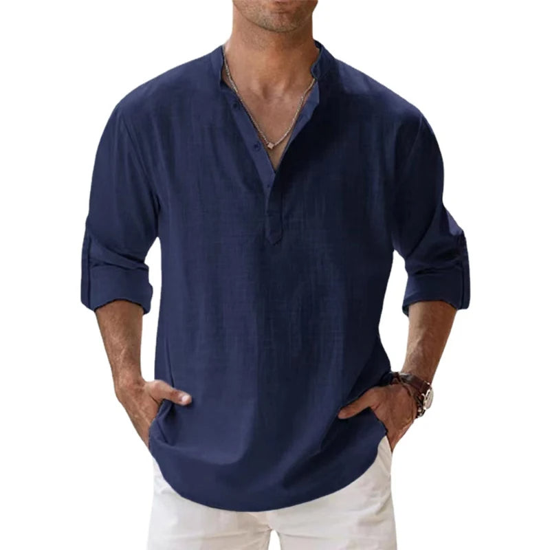 Da Uomo Camicia Henley Linen Relaxed Summer Essential