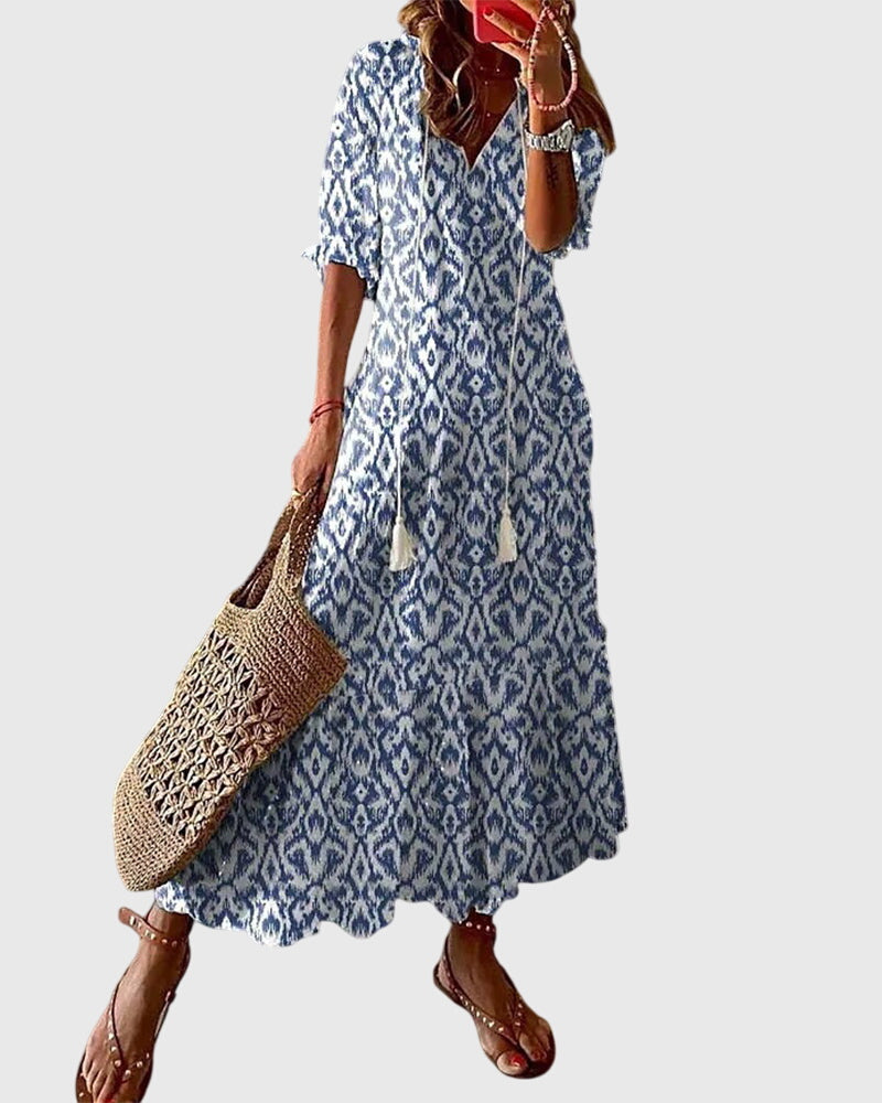 Da Donna Abito Maxi Boho con Stampa e Nappine
