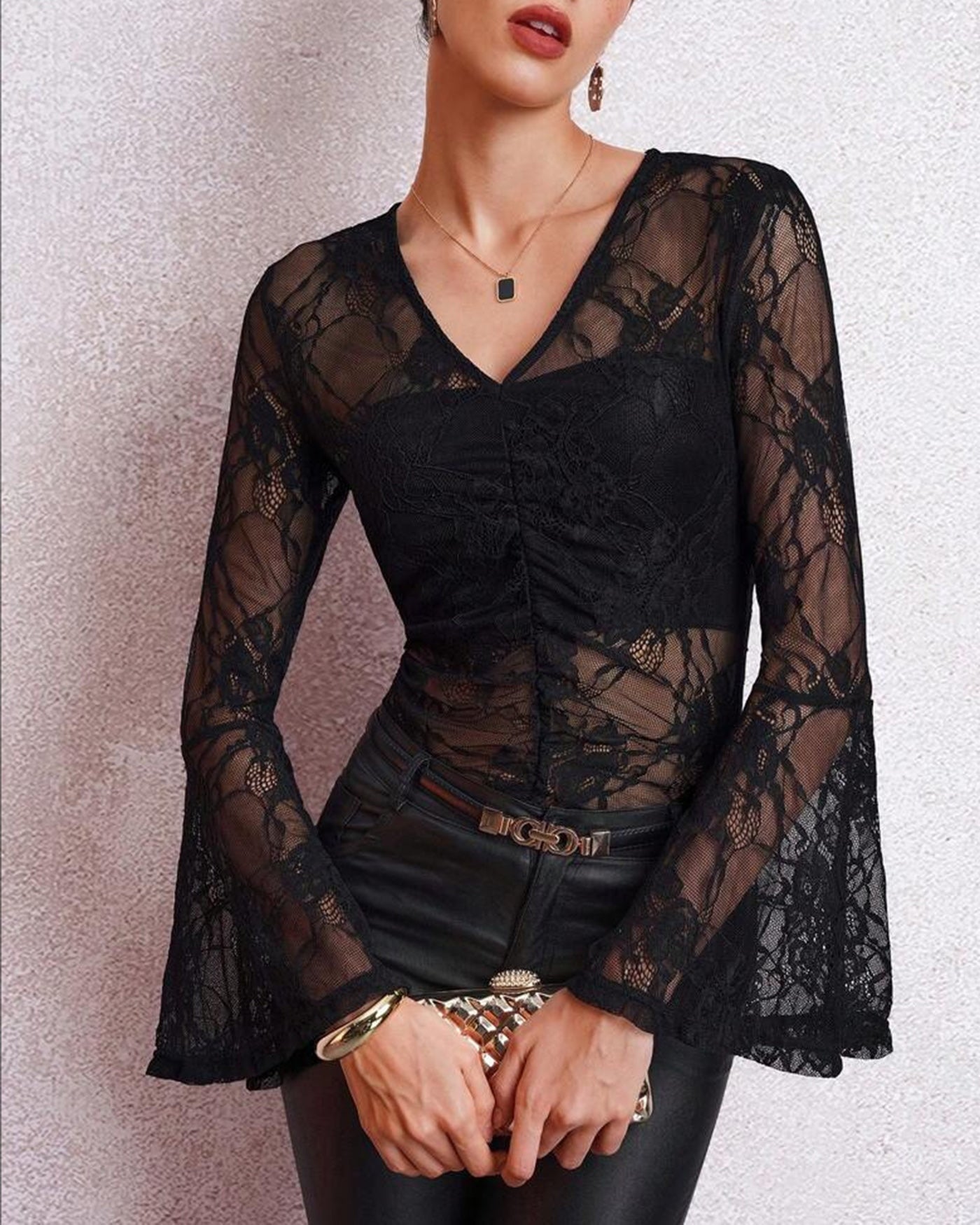Da Donna Blusa Pizzo Trasparente Maniche Ampie Eleganza Night