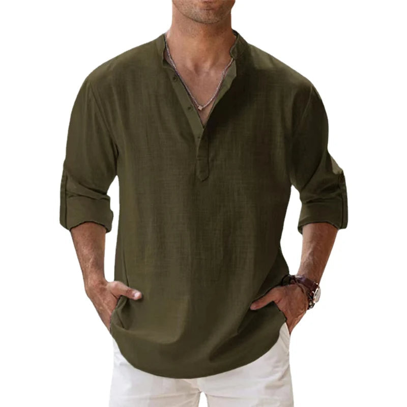 Da Uomo Camicia Henley Linen Relaxed Summer Essential