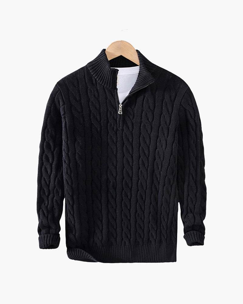 Da Uomo Maglione Tricot con Collo Alto Zip e Lavorazione Intrecciata