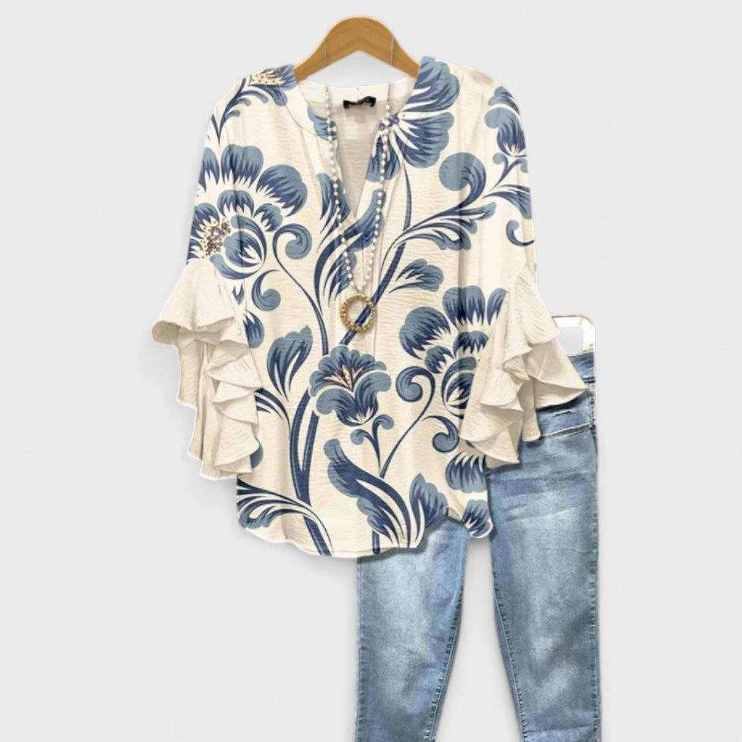 Da Donna Blusa Motivo Stampato Maniche Balze Relax Moderna