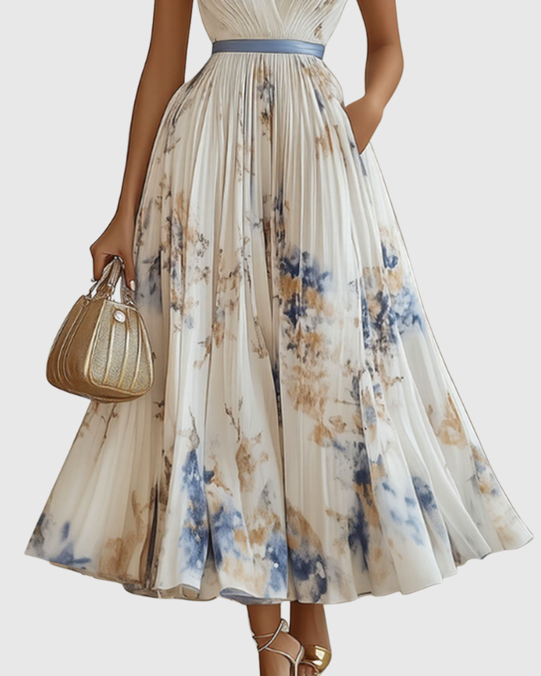 Da Donna Abito Maxi Plissettato con Stampa Floreale Elegante