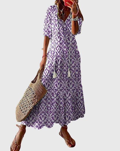 Da Donna Abito Maxi Boho con Stampa e Nappine