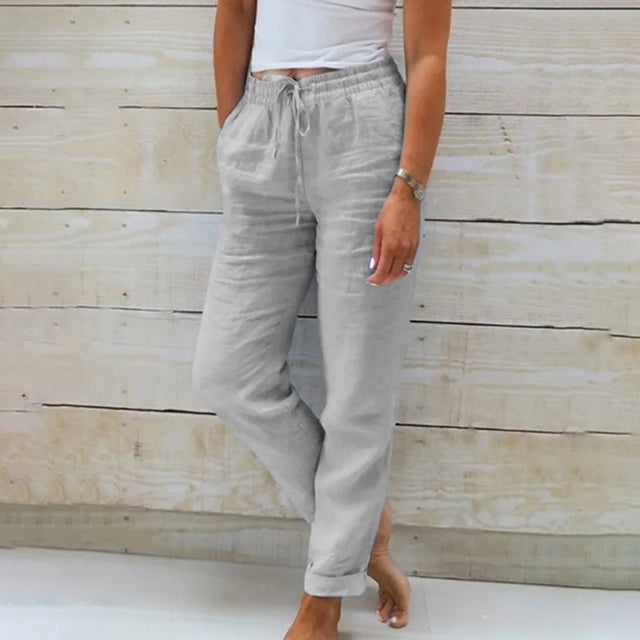 Da Donna Pantaloni in Lino con Coulisse Stile Relax Estivo Leggero