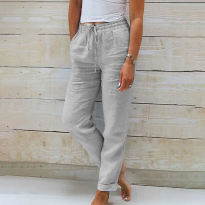 Da Donna Pantaloni in Lino con Coulisse Stile Relax Estivo Leggero