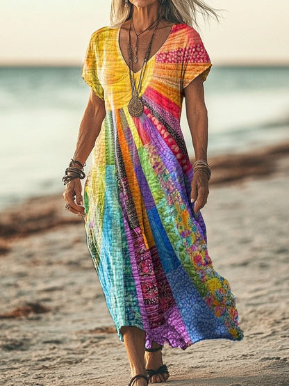 Da Donna Abito Maxi Boho Stampato con Scollo a V