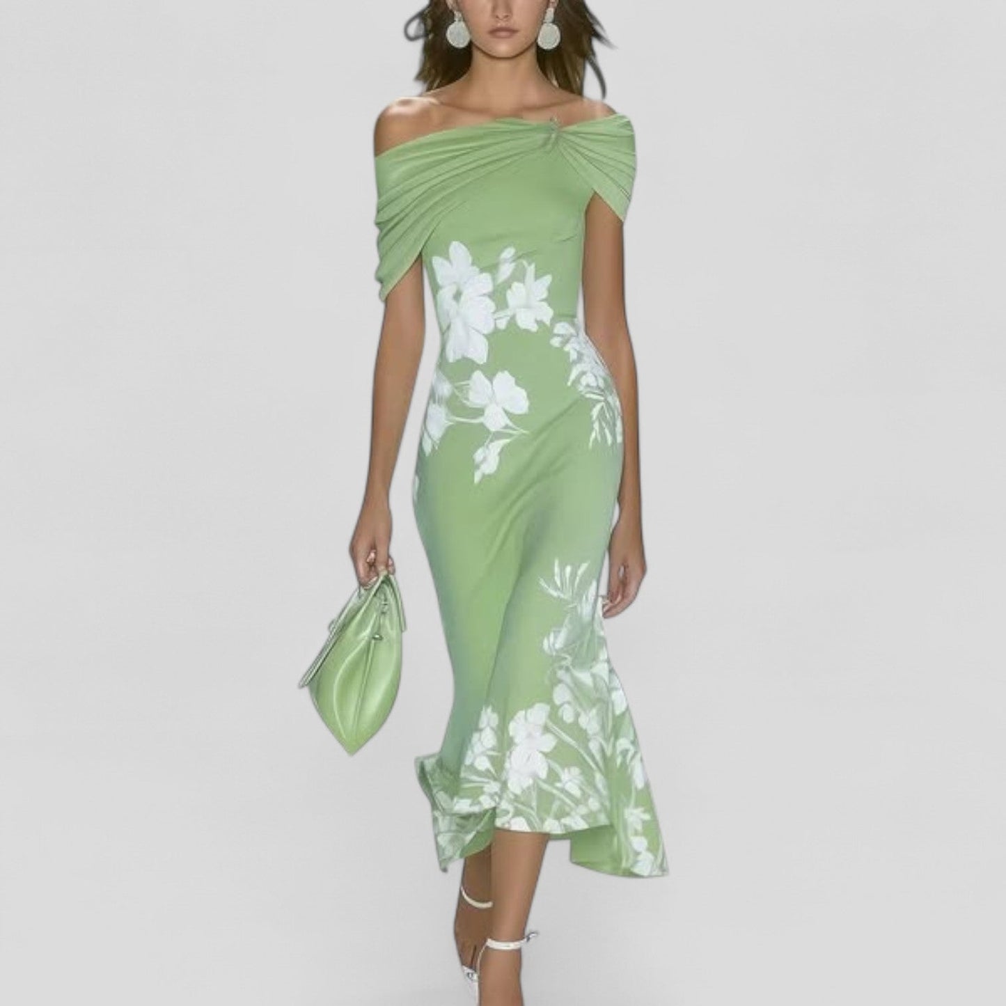 Da Donna Abito Midi Floreale Monospalla con Drappeggio Elegante