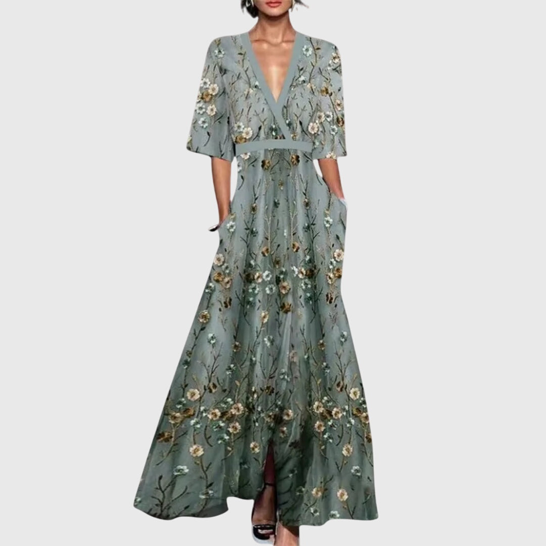 Da Donna Abito Maxi Stampato con Scollo Profondo a V Elegante