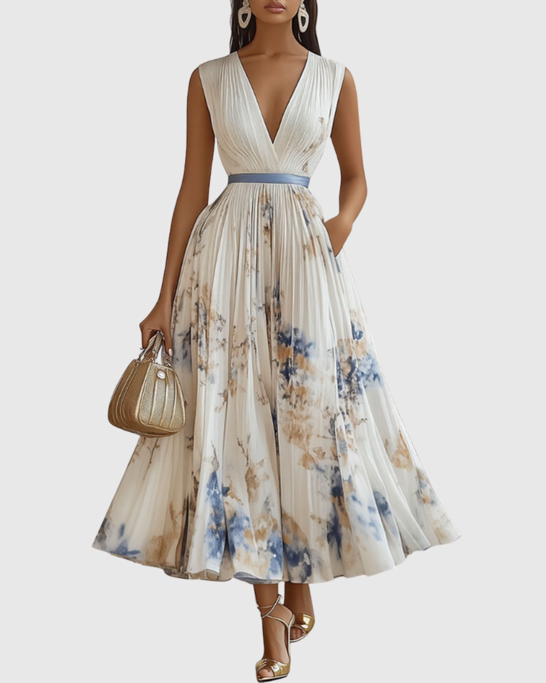 Da Donna Abito Maxi Plissettato con Stampa Floreale Elegante