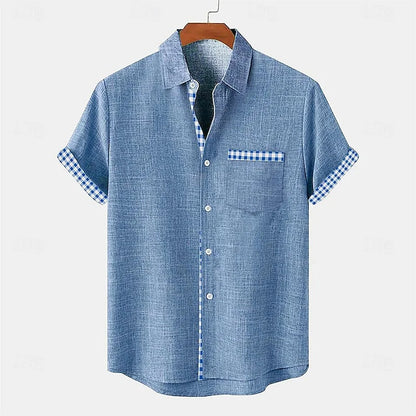 Da Uomo Camicia Taschino Contrasto Maniche Corte Relax Moderna