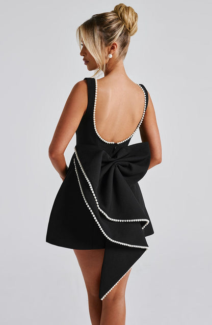 Da Donna Abito Mini Fiocco Posteriore Perle Eleganza Moderna