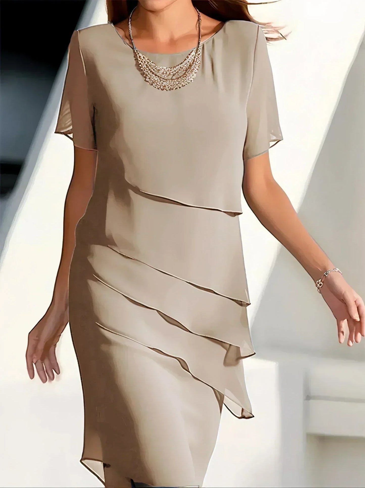 Da Donna Abito Midi in Chiffon a Strati Elegante da Cerimonia