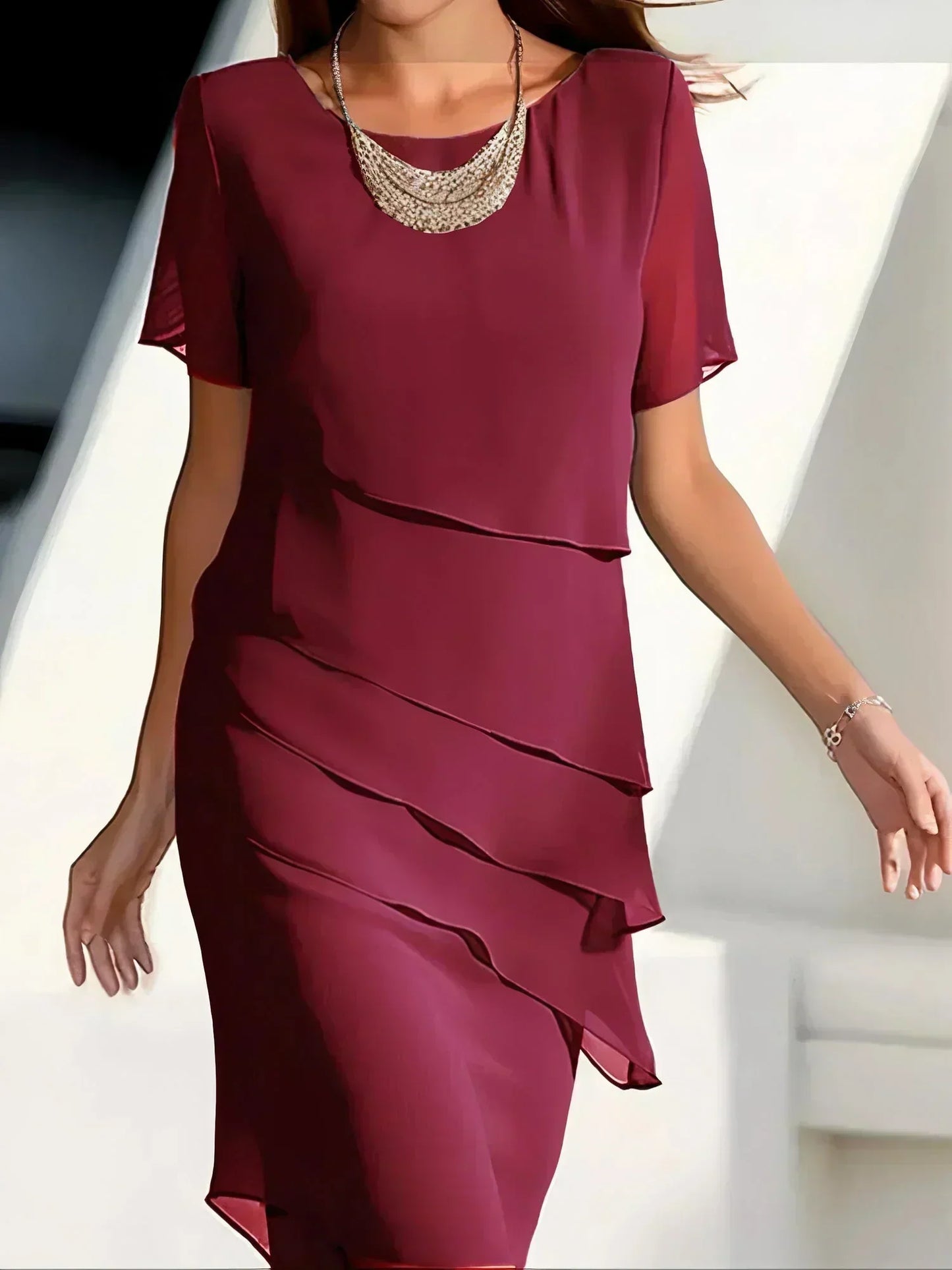 Da Donna Abito Midi in Chiffon a Strati Elegante da Cerimonia