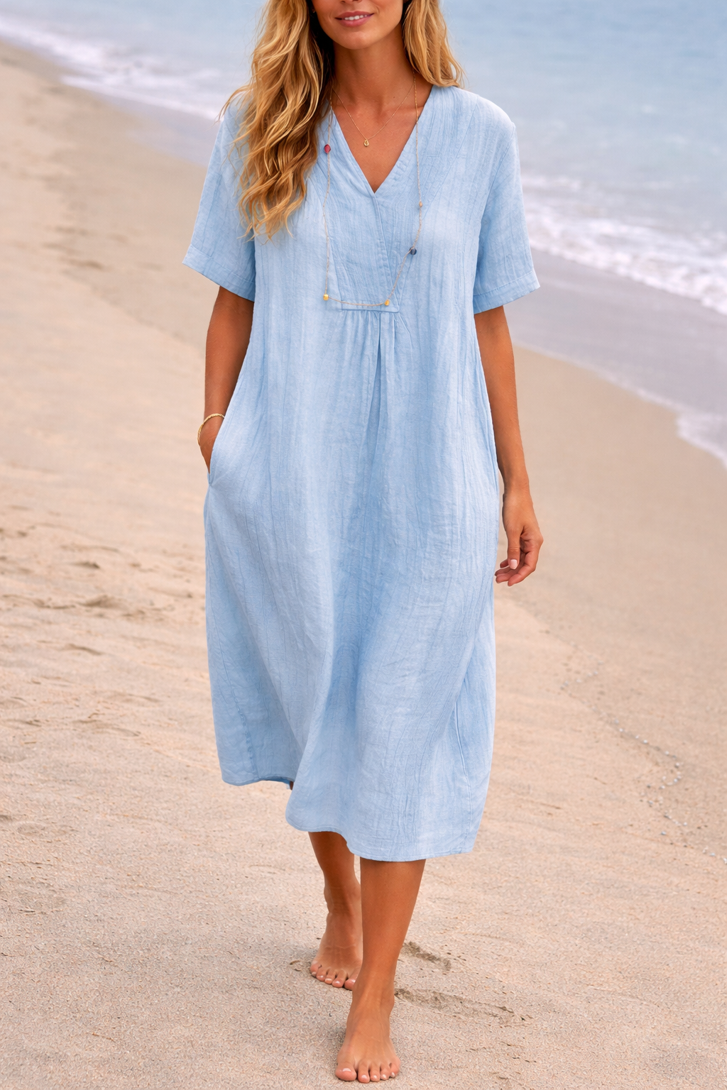 Da Donna Abito Midi in Lino con Scollo a V e Vestibilità Morbida