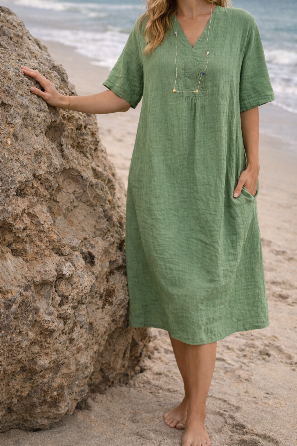 Da Donna Abito Midi in Lino con Scollo a V e Vestibilità Morbida
