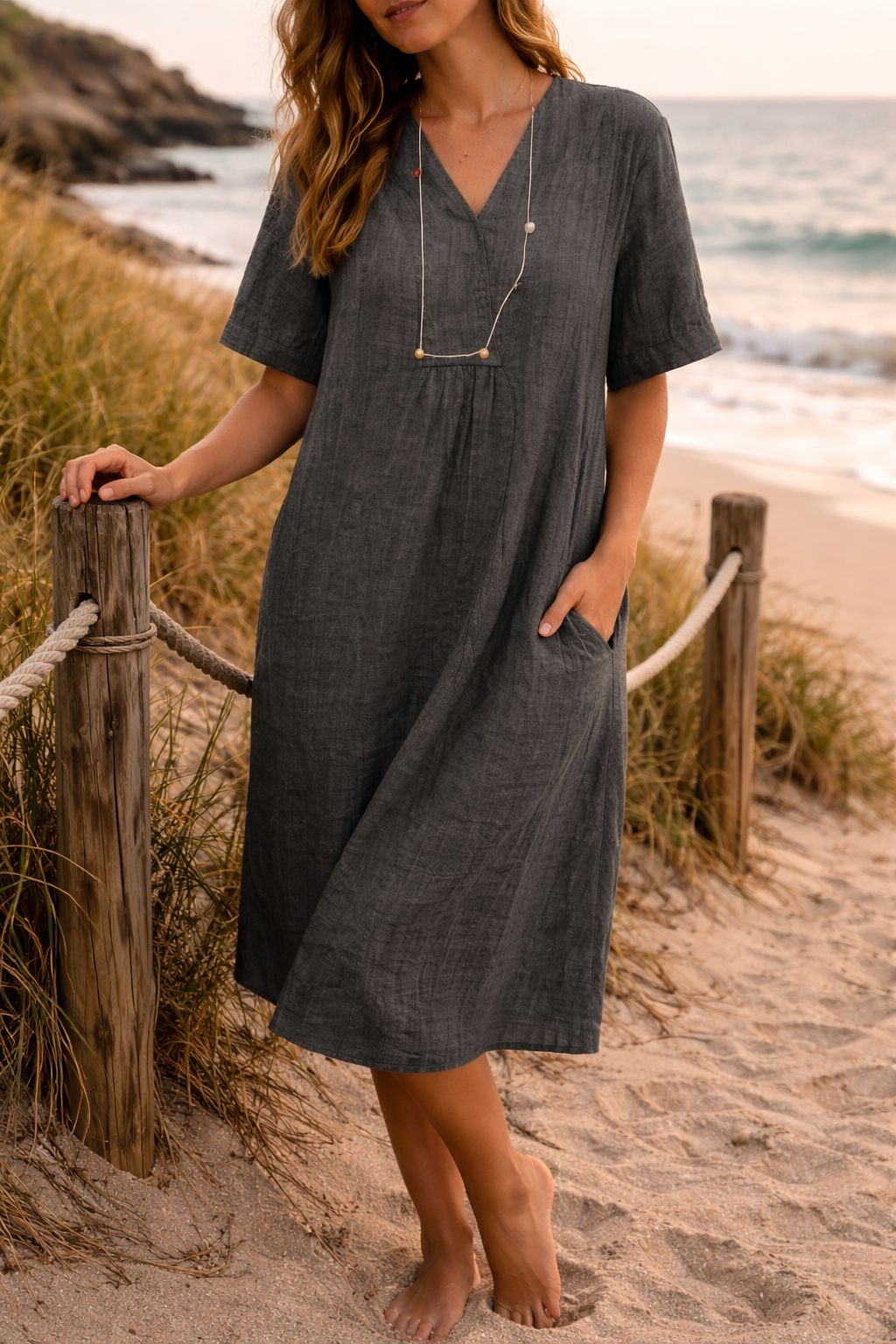 Da Donna Abito Midi in Lino con Scollo a V e Vestibilità Morbida