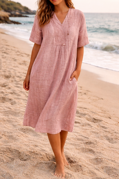 Da Donna Abito Midi in Lino con Scollo a V e Vestibilità Morbida