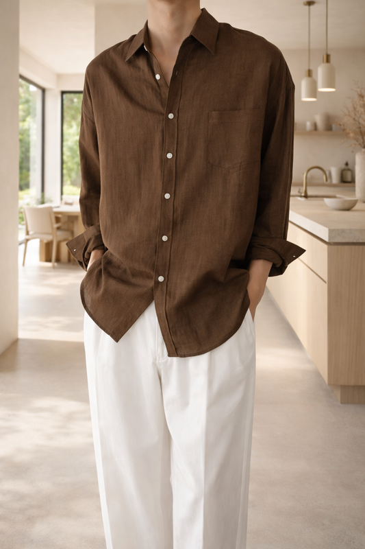 Da Uomo Camicia in Misto Lino a Maniche Lunghe con Bottoni Casual