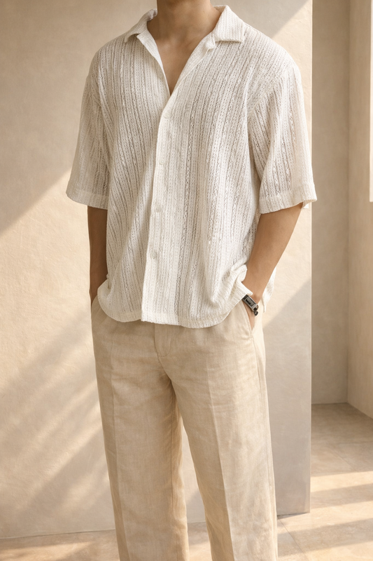 Da Uomo Camicia in Maglia Traforata con Bottoni e Maniche Corte