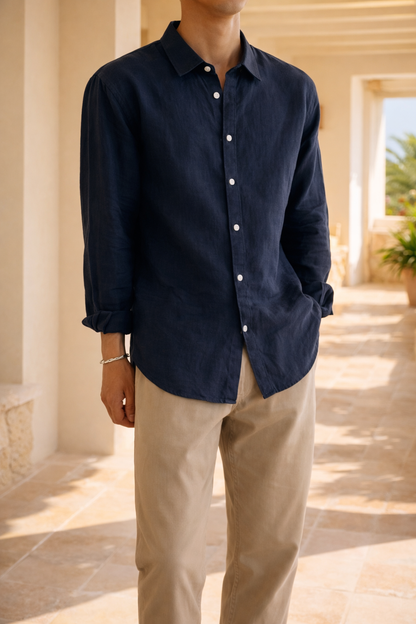 Da Uomo Camicia in Lino con Bottoni dallo Stile Smart Casual