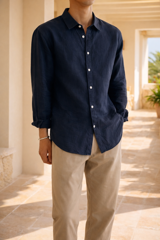 Da Uomo Camicia in Lino con Bottoni dallo Stile Smart Casual