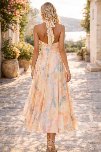 Da Donna Abito Maxi Floreale con Collo Halter e Gonna Plissettata