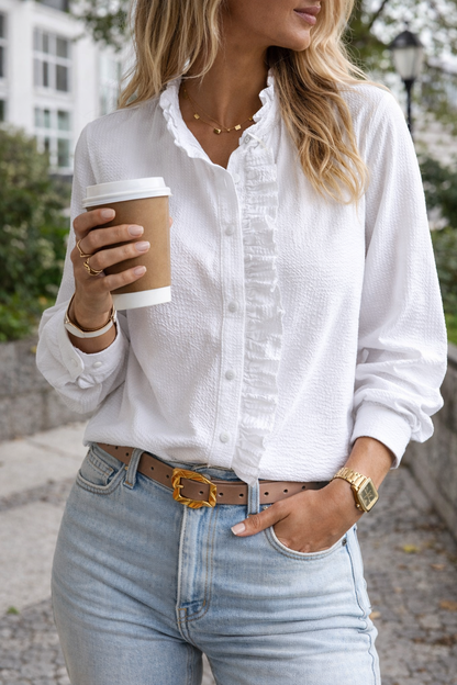Da Donna Camicia Elegante a Righe con Volant e Bottoni