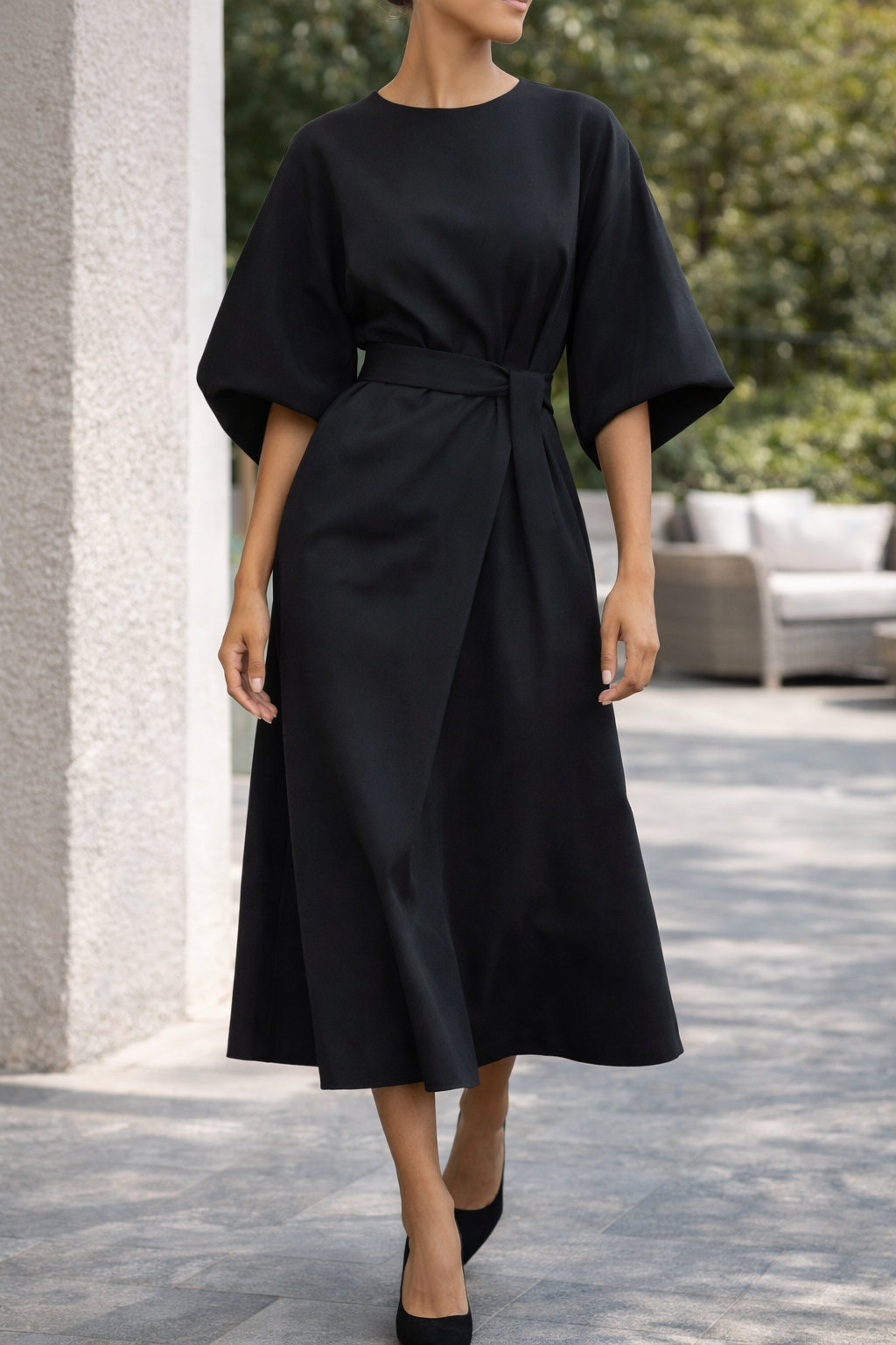 Da Donna Abito Midi con Cintura e Maniche Ampie Elegante