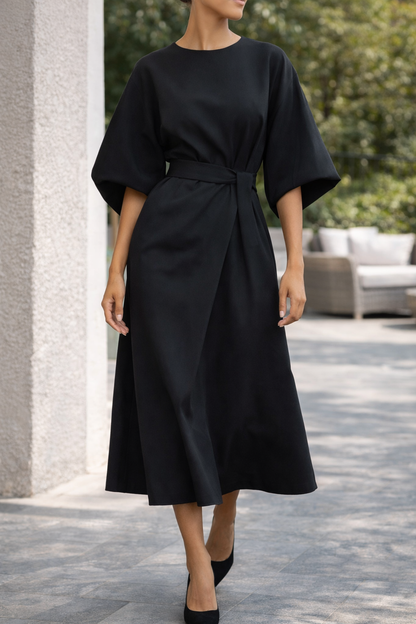 Da Donna Abito Midi con Cintura e Maniche Ampie Elegante