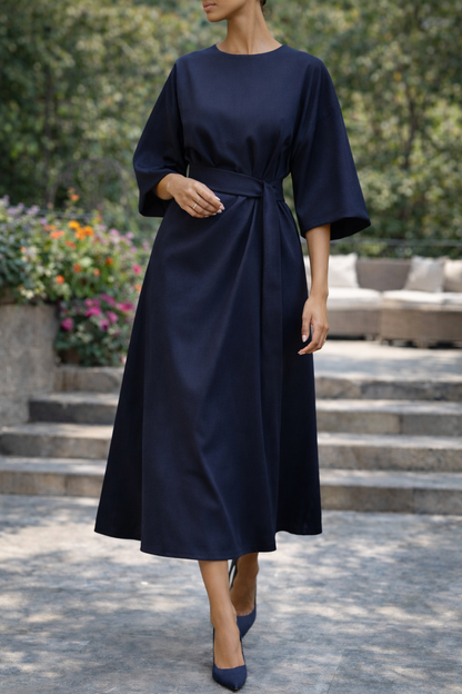 Da Donna Abito Midi con Cintura e Maniche Ampie Elegante