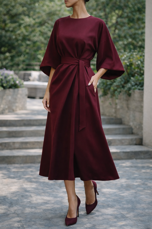 Da Donna Abito Midi con Cintura e Maniche Ampie Elegante