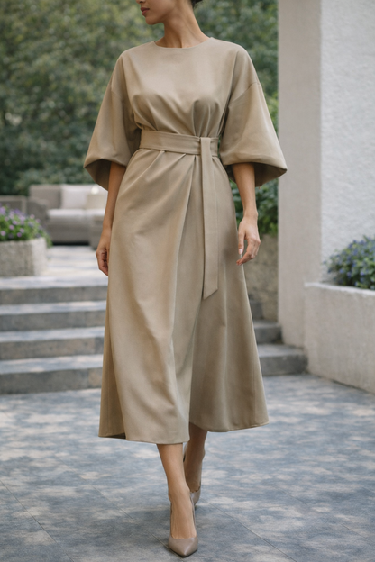 Da Donna Abito Midi con Cintura e Maniche Ampie Elegante