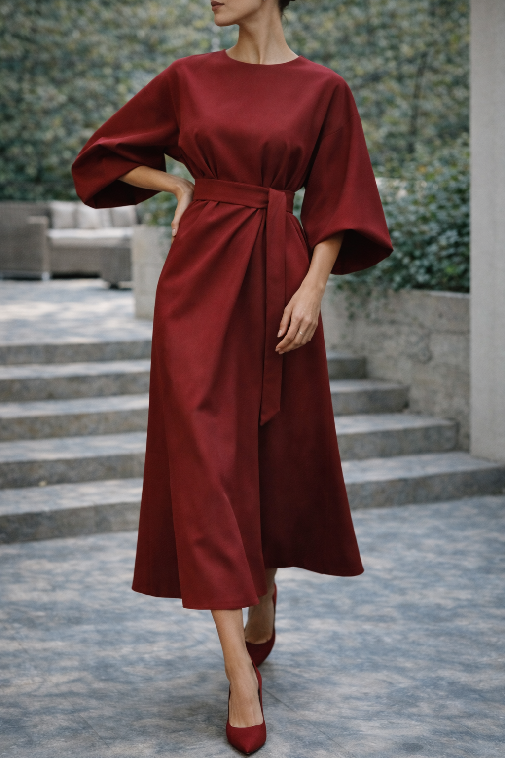 Da Donna Abito Midi con Cintura e Maniche Ampie Elegante