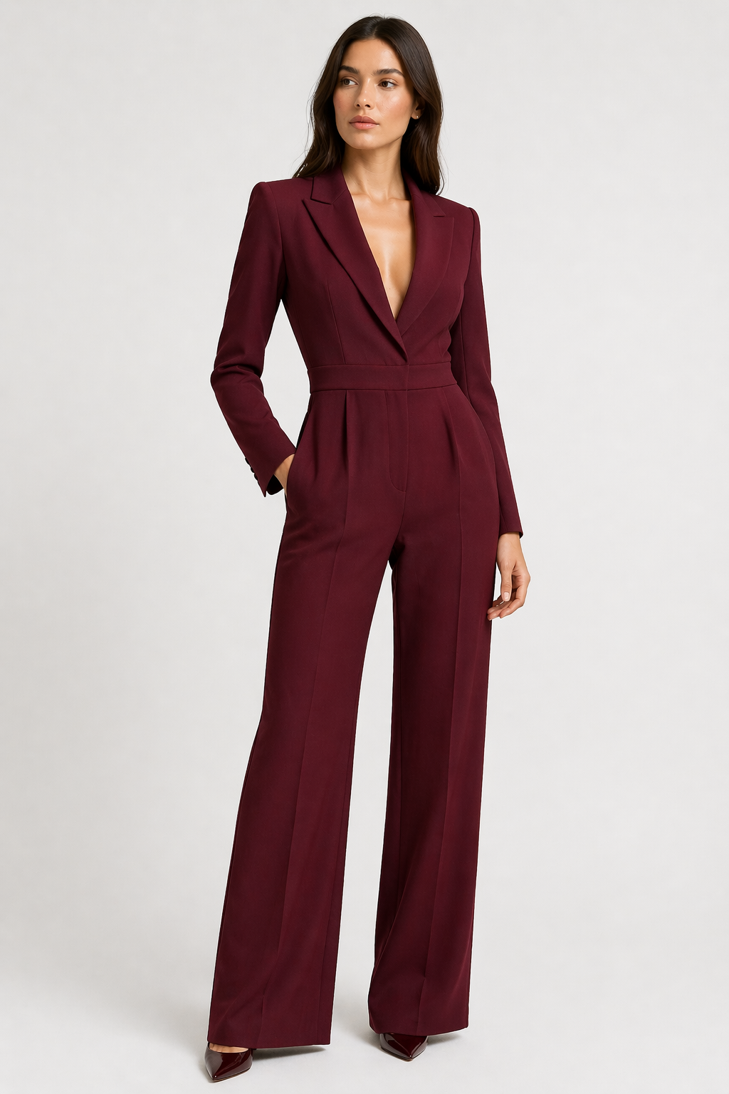 Da Donna Tuta Sartoriale Strutturata Scollo Profondo Gamba Ampia