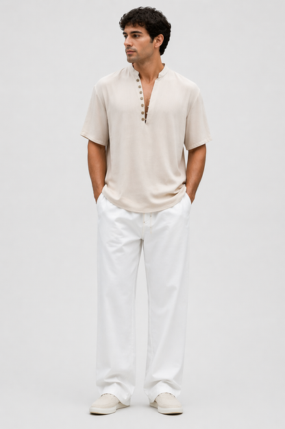 Da Uomo Camicia Manica Corta Collo Serafino Linea Fluida