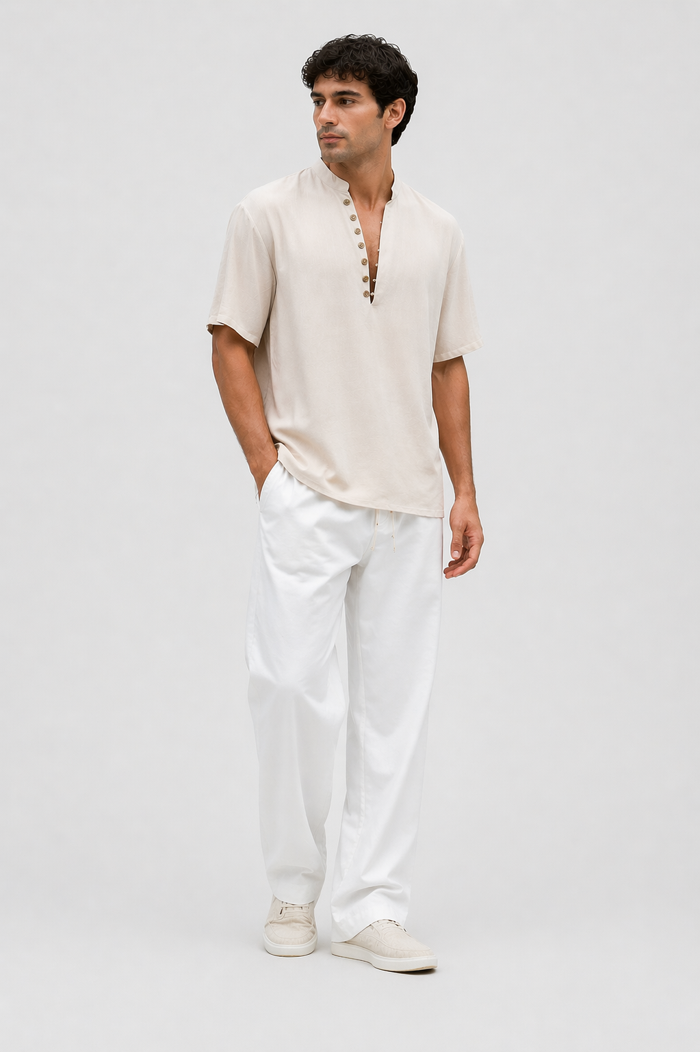 Da Uomo Camicia Manica Corta Collo Serafino Linea Fluida