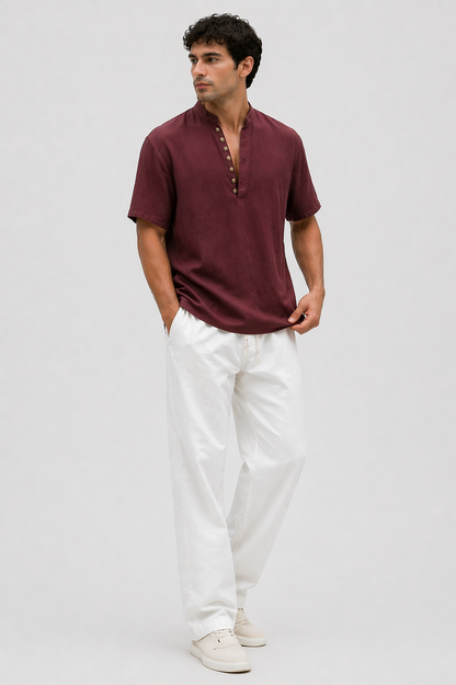 Da Uomo Camicia Manica Corta Collo Serafino Linea Fluida