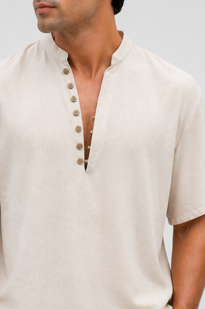 Da Uomo Camicia Manica Corta Collo Serafino Linea Fluida