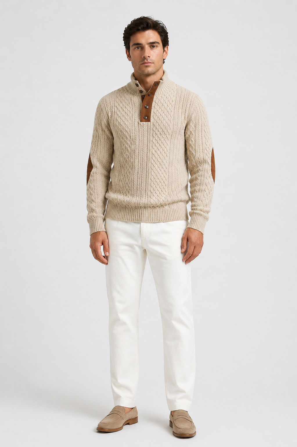 Da Uomo Maglione Trama Intrecciata Collo Alto Bottoni Elegante