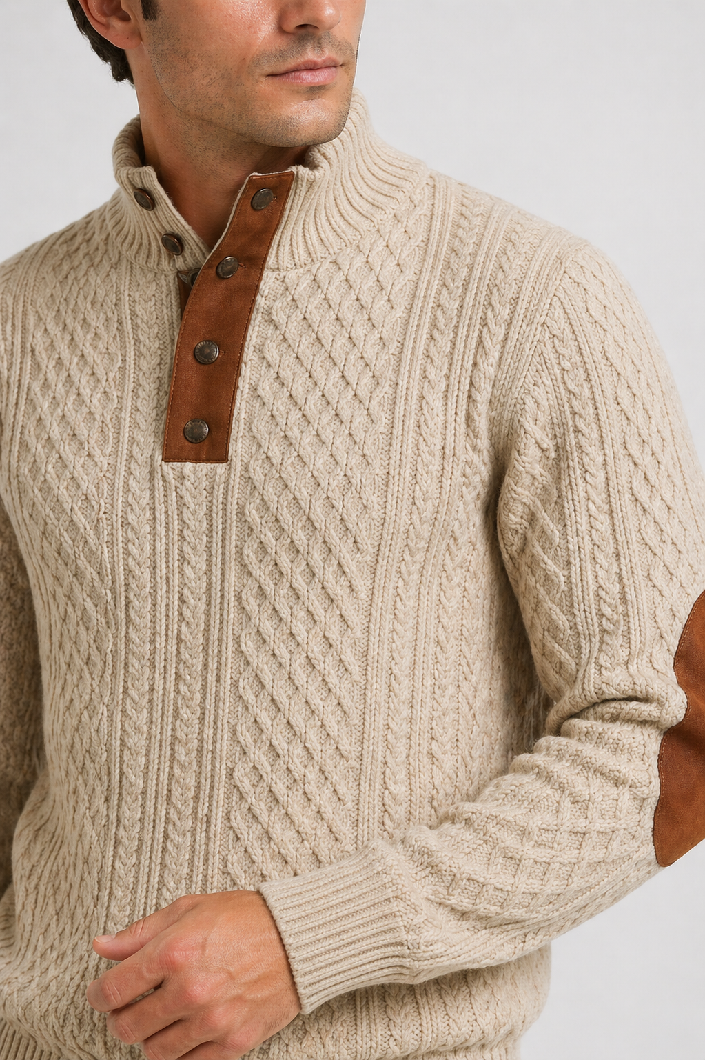 Da Uomo Maglione Trama Intrecciata Collo Alto Bottoni Elegante