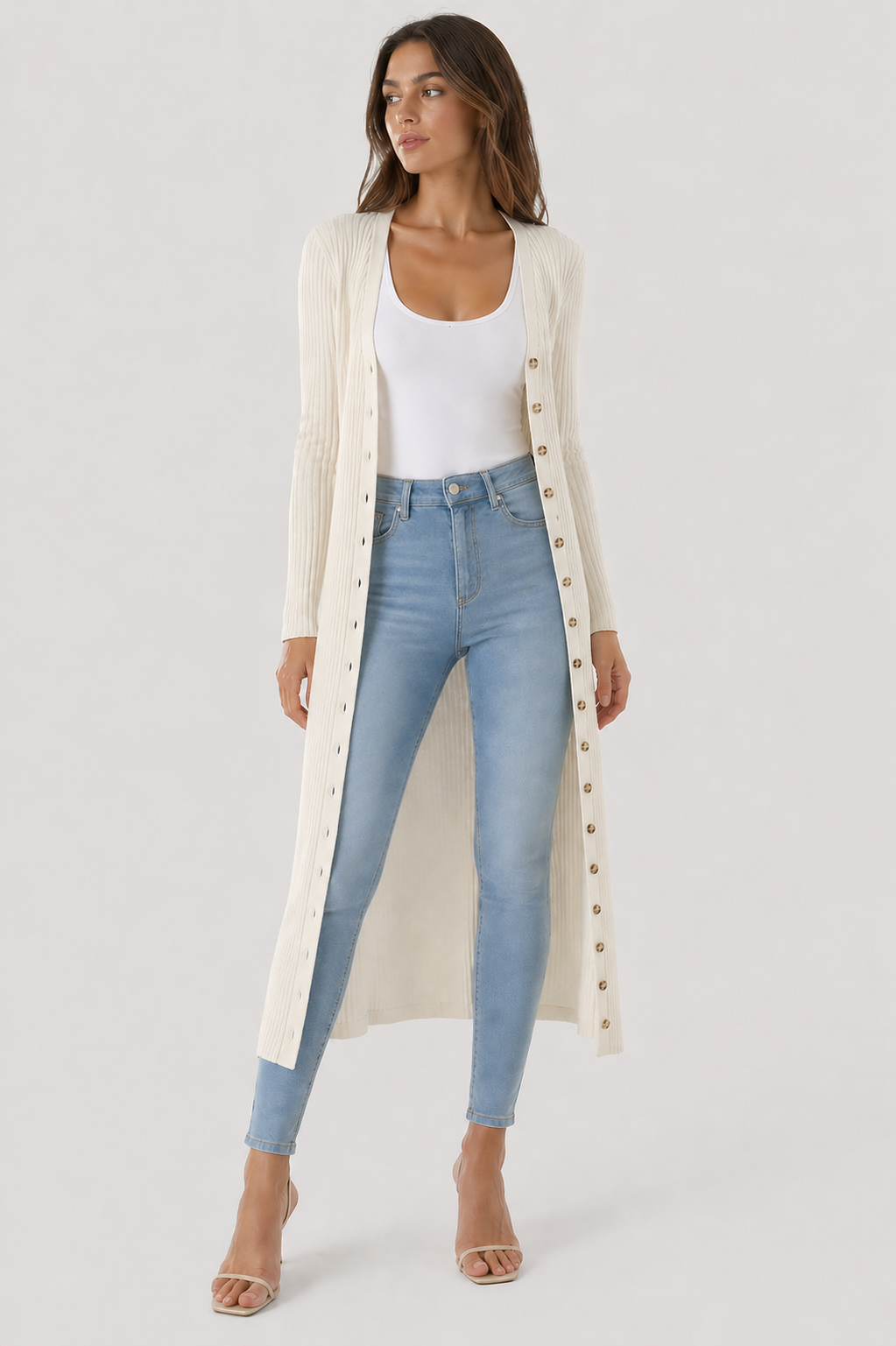 Women's Long Ribbed Structured Cardigan with Button Closure