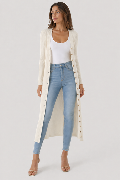 Women's Long Ribbed Structured Cardigan with Button Closure