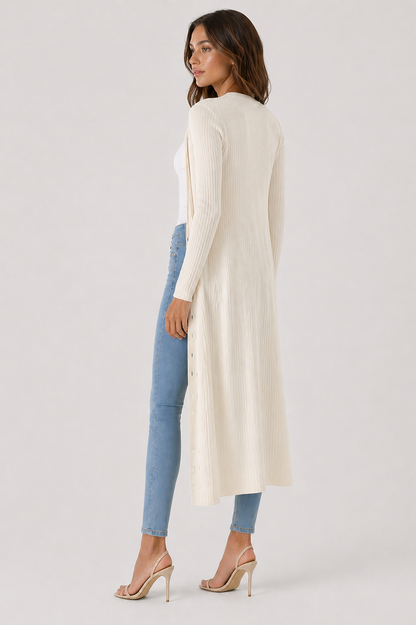 Women's Long Ribbed Structured Cardigan with Button Closure