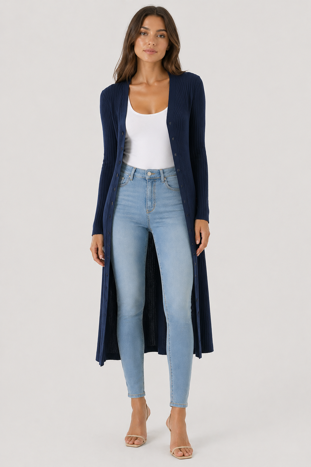 Women's Long Ribbed Structured Cardigan with Button Closure